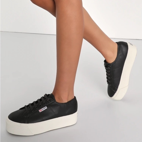 SUPERGA 2790 NAPPA Black Bristol Nappa Leather Platform Sneakers - Size 37 - Picture 1 of 9